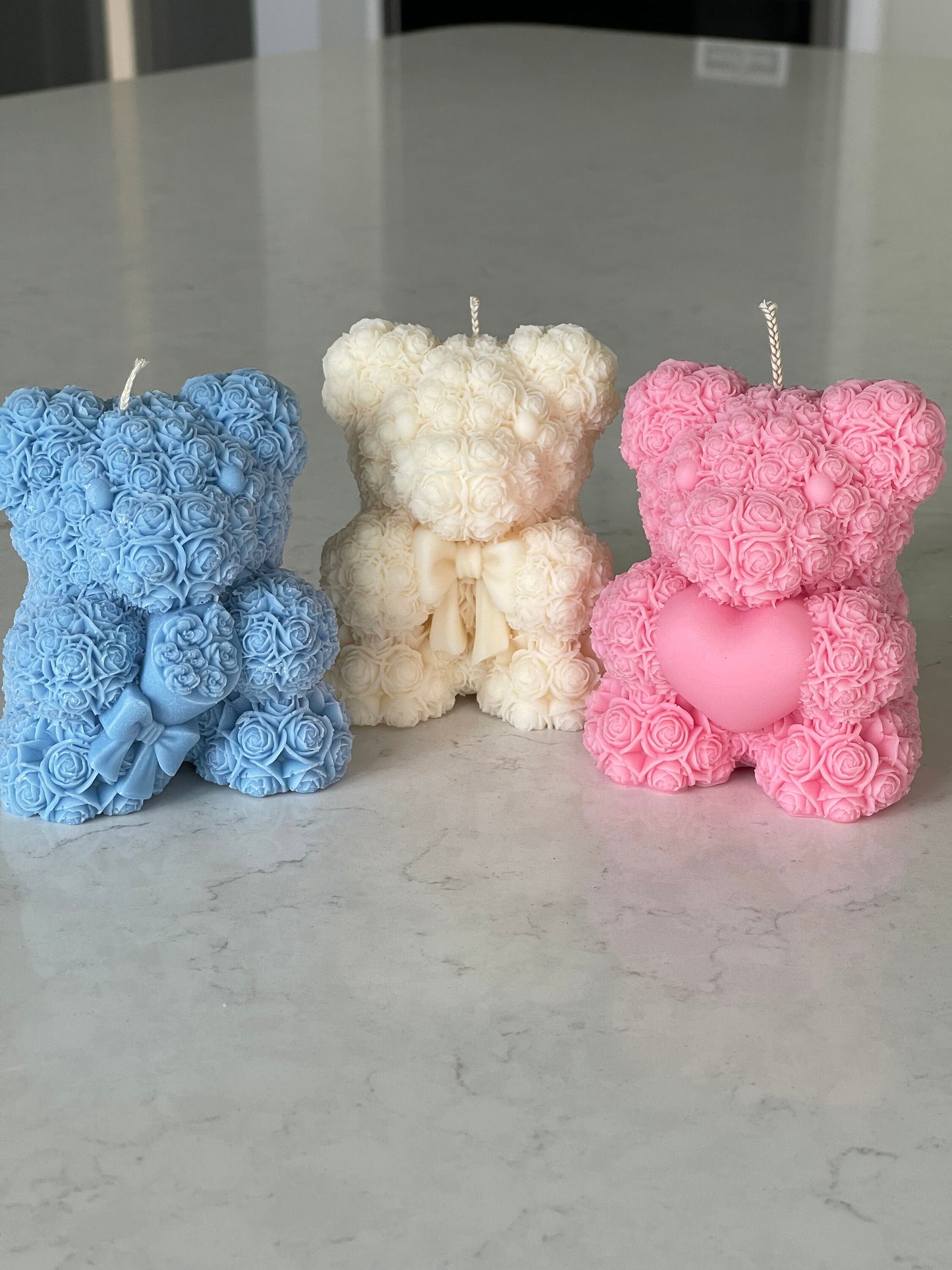 Rose teddy trio - Teddy with heart - Teddy with bow - Teddy with flower bouquet - 3 personalized candles great bridesmaid gifts, unique gift