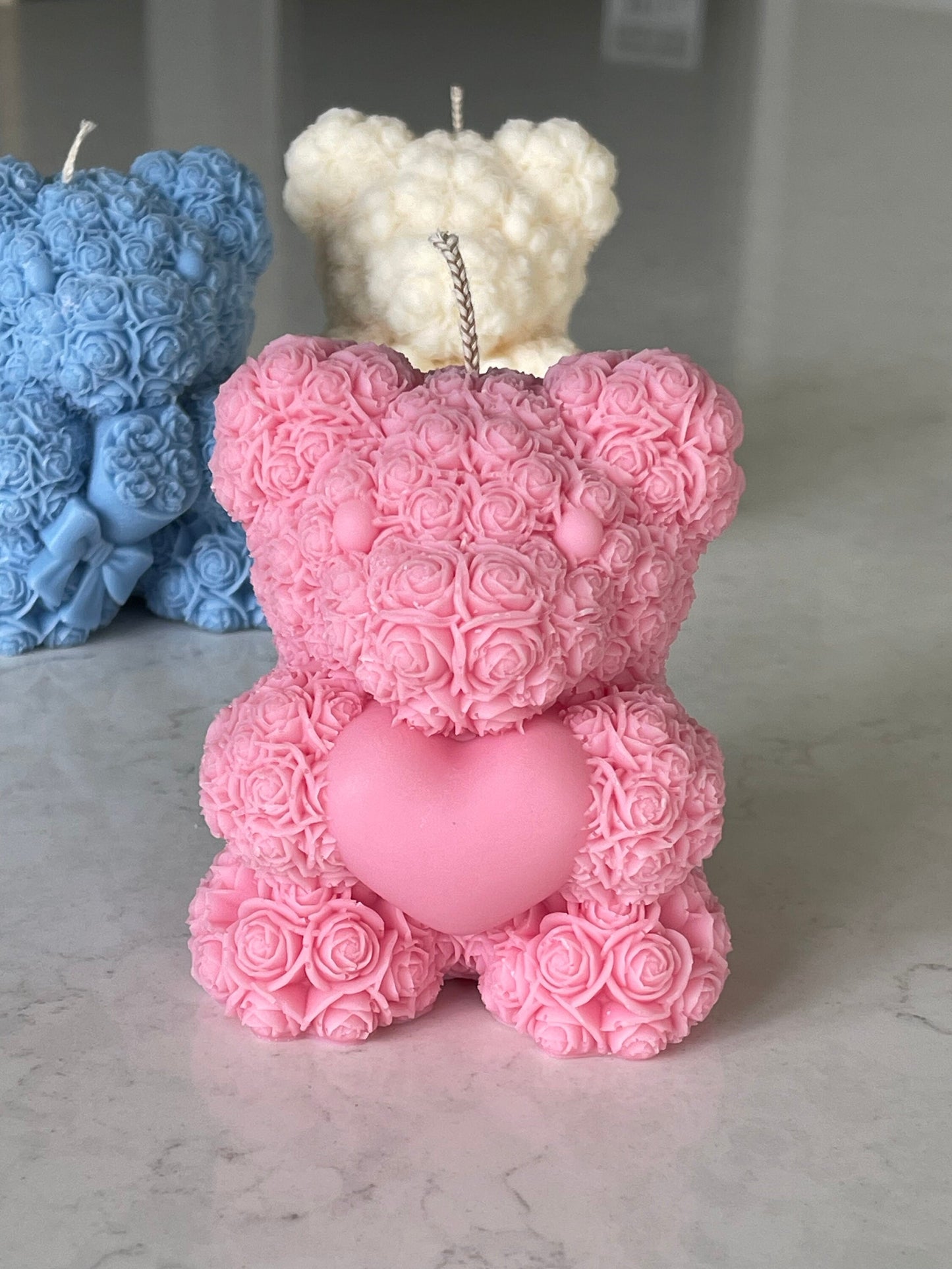 Rose teddy trio - Teddy with heart - Teddy with bow - Teddy with flower bouquet - 3 personalized candles great bridesmaid gifts, unique gift