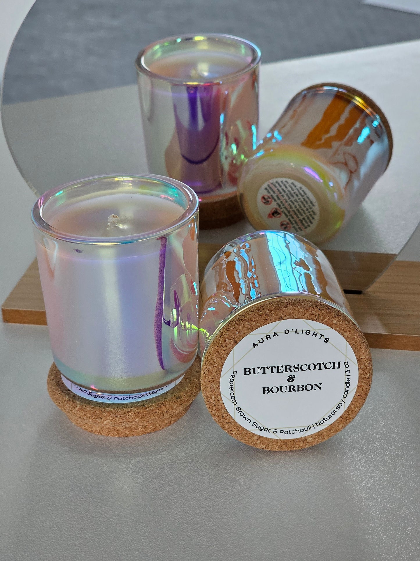 Butterscotch & Bourbon scented soy wax container candle in iridescent glass vessel - 3 oz